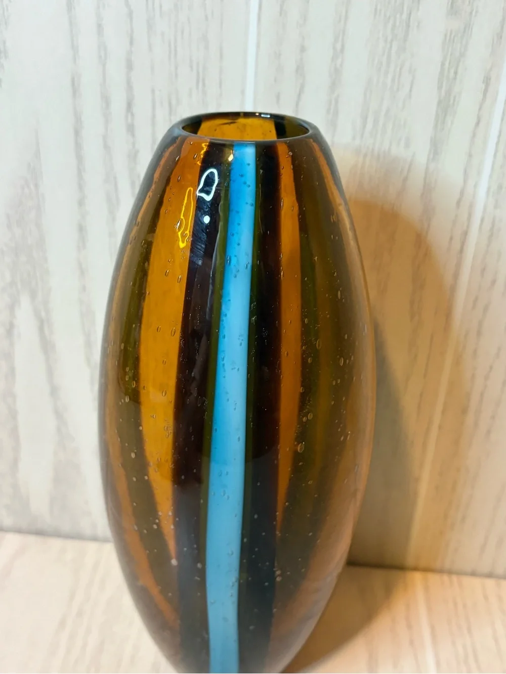 Pier 1 Amber Glass Vase with Blue Stripe Bubble Glass